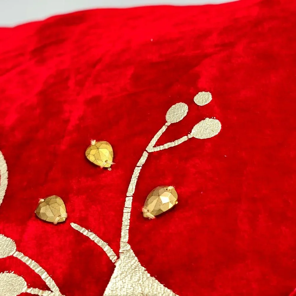 VTG Red & Gold Velvet Christmas Throw Pillow With Poinsettia Design Embroidery